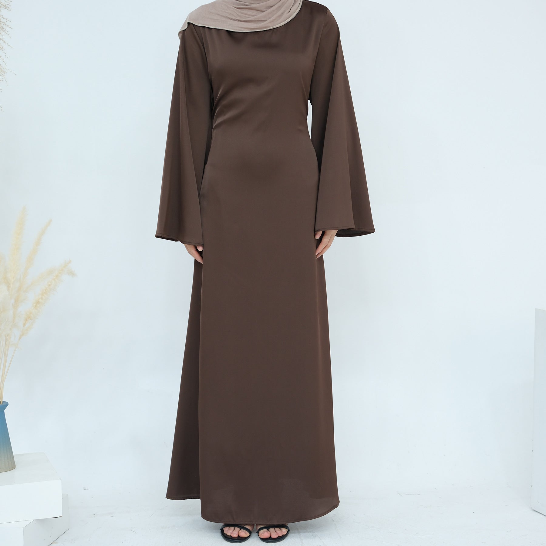 1860# Plain Silk Abaya Muslim Women Dress Islamic Clothing Modest Dresses with Adjustable Belt