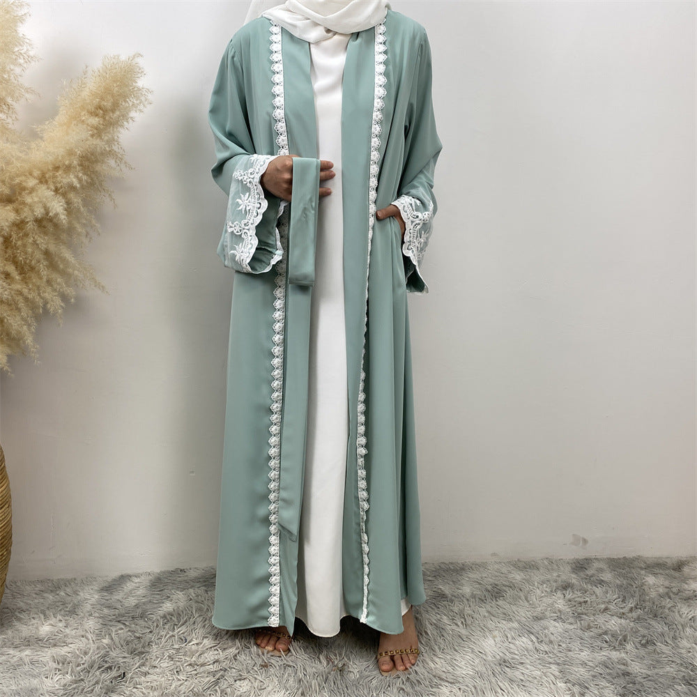 1405#Latest Eid Nida Material Flower Lace Border Classy Embroidery Women Open Abaya