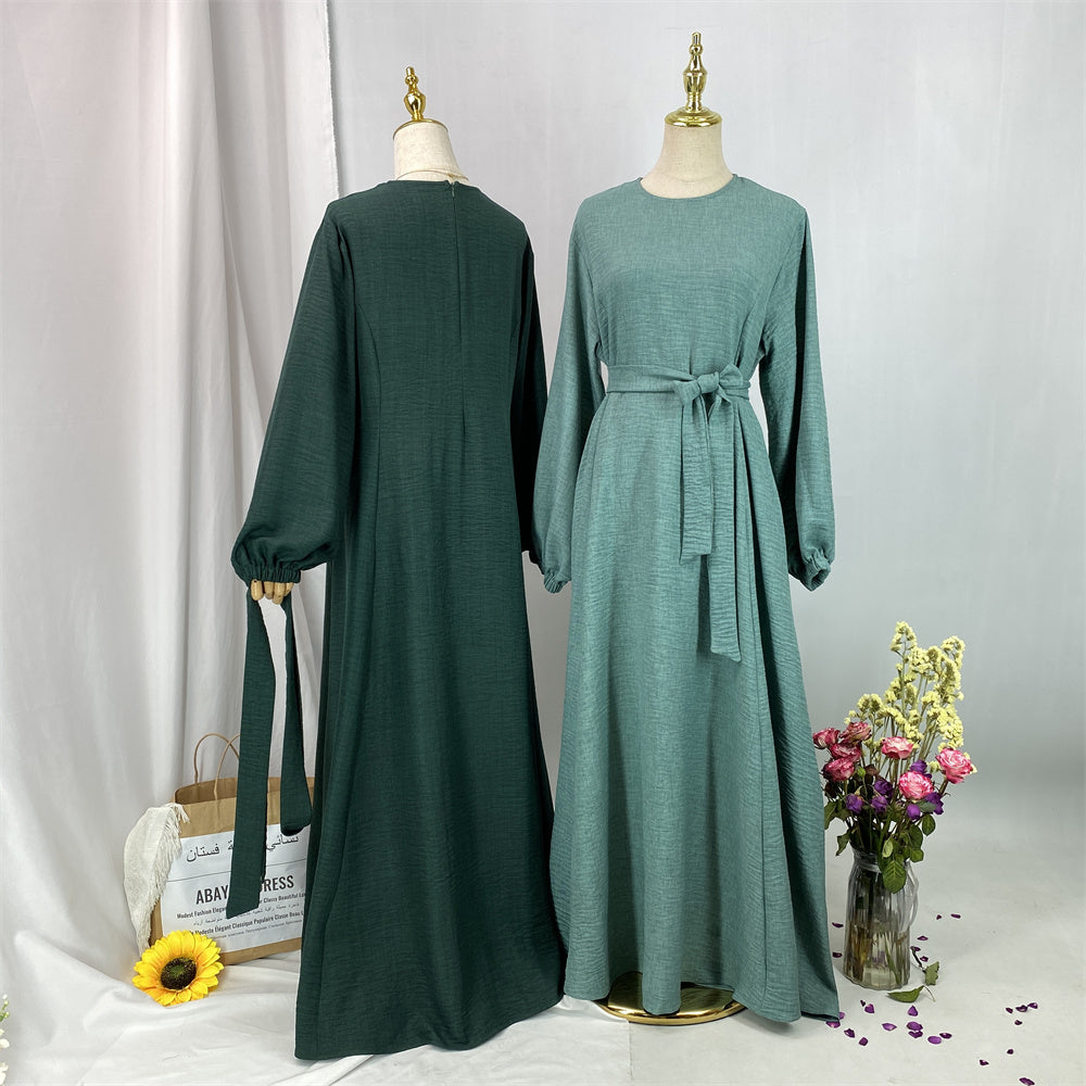 6840#New Linen Summer Abaya Dress Islamic Clothing for Dubai Turkish Muslim Women with Long Sleeve and Side Pockets