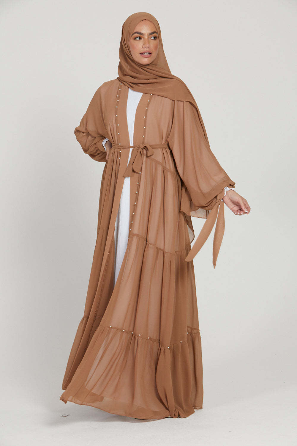 1964#Chiffon open abaya with white pearls tie belt long sleeves dubai abayas 5 colors 的副本