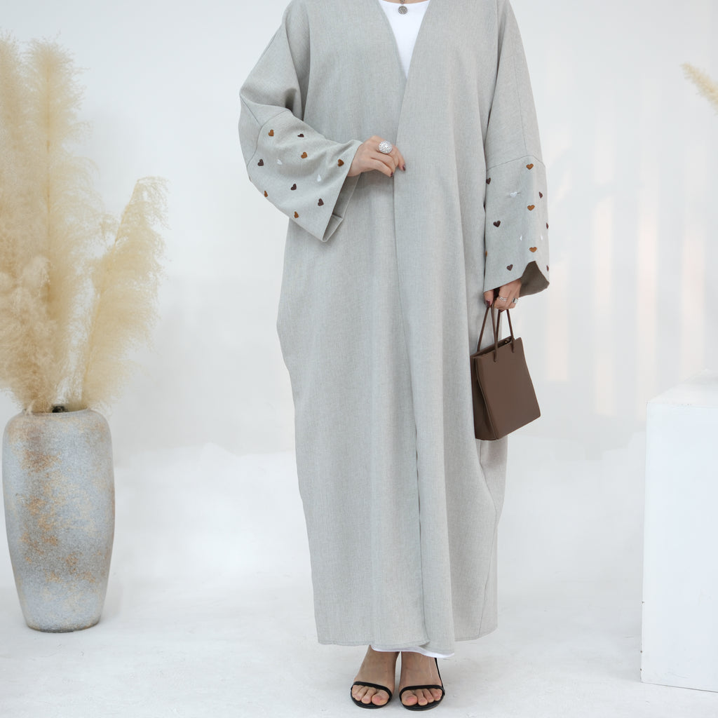 1712# Linen Abaya Islamic Clothing Women Kimono Cardigan EID Ramadan Embroidery Hearts Abaya