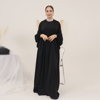 1592#High Quality Muslim Dress Puff Sleeve Soft Satin Plain Abaya