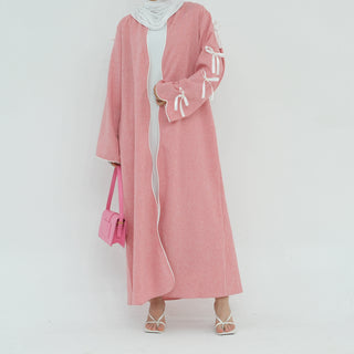 1800#Linen New Arrival Islamic Clothing Cardigan Open abaya With Bowknots Women's Clothing Abaya Women Muslim Dress