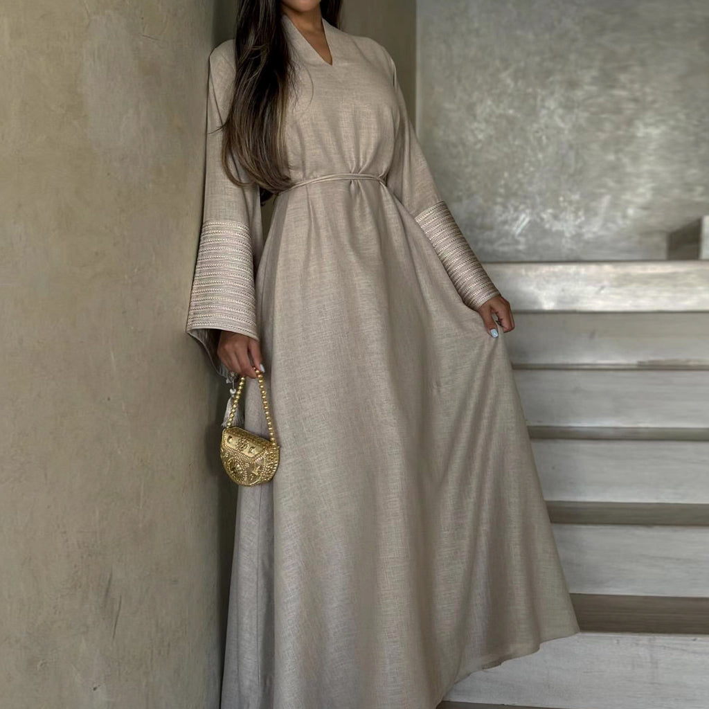 Daily Wear Linen Modest Dresses V Neck Embroidery Sleeves Abaya Women Muslim Dress