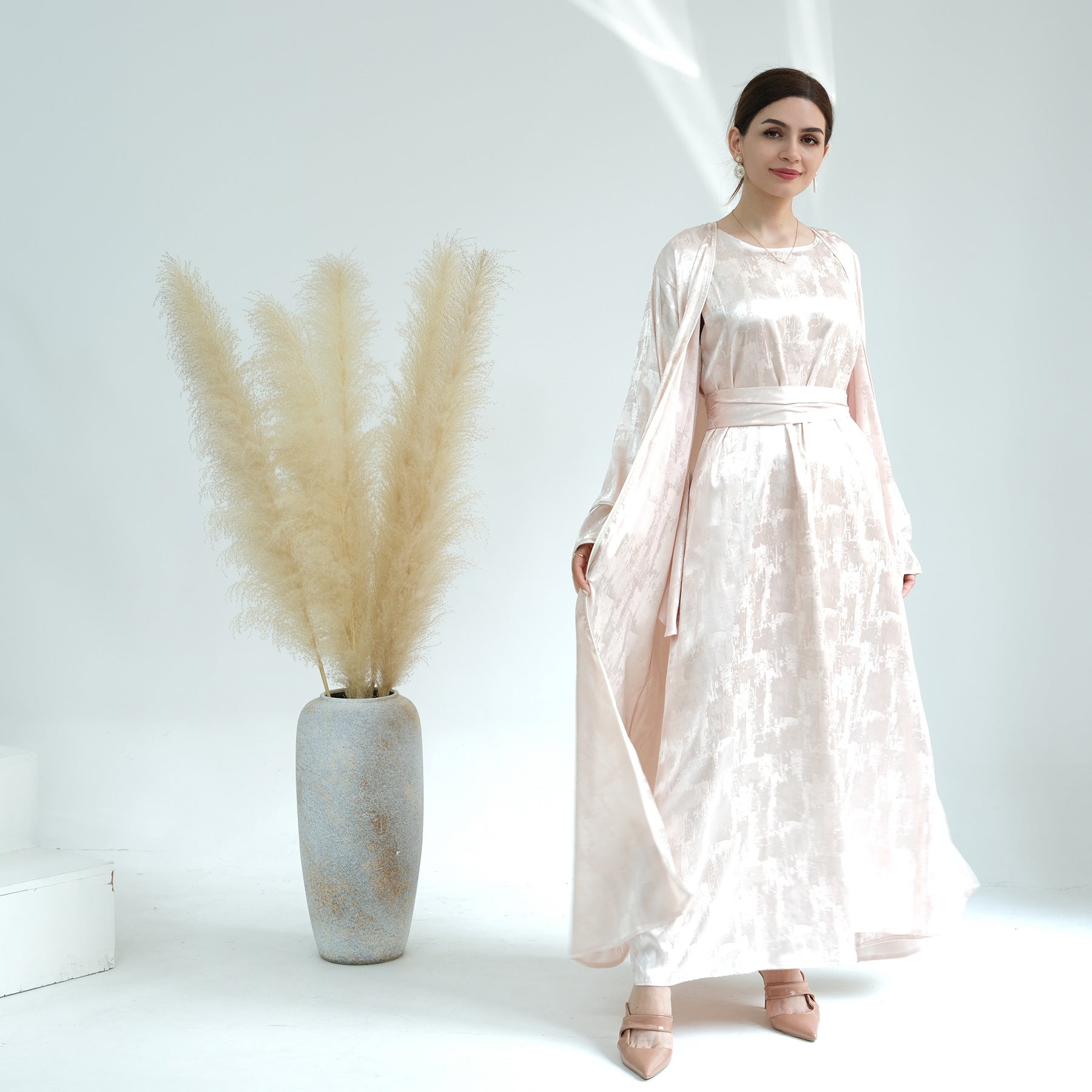 1655#Luxury Muslim Clothing Unique Satin Slip Dress and Open Abaya Set 2 Piece Modest Abaya