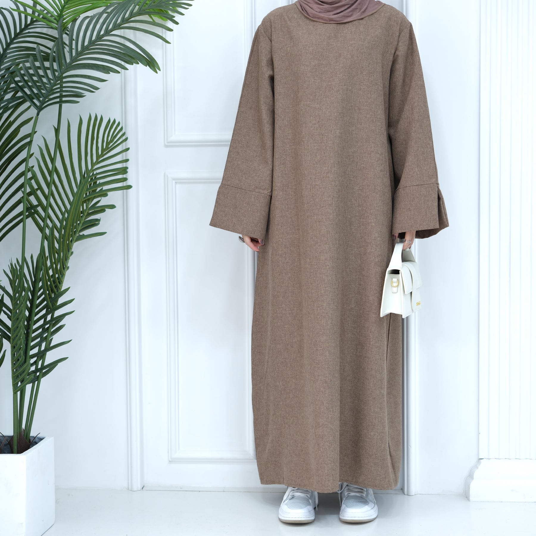 1715#Linen Abaya Slit Long Sleeves with Side Pockets and Back Zipper Women Casual Dress