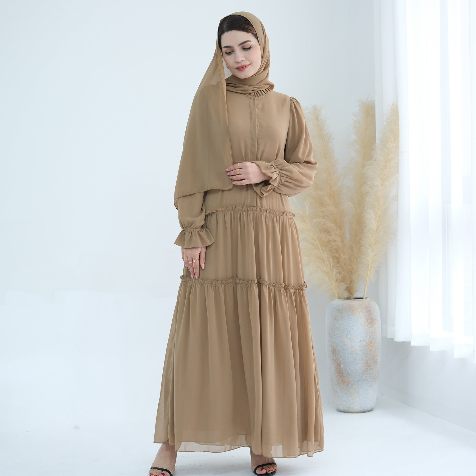 1754#2024 Solid Color Layered Chiffon Elegant Dress with Front Buttons and Lining