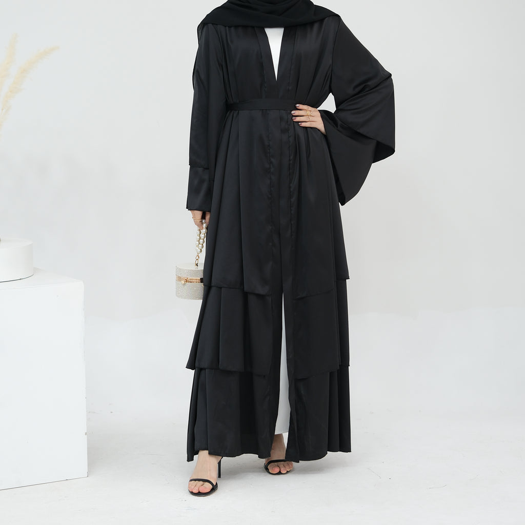 1706#2024 High Quality Satin Silk Open Abaya EID Dubai 3 Layers Abaya Islamic Clothing