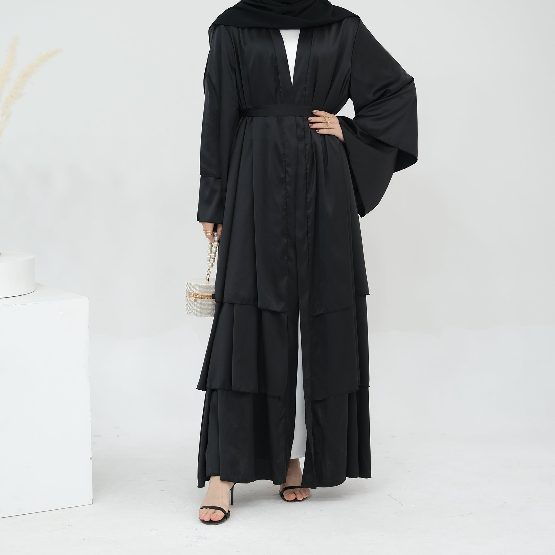 1706#2024 High Quality Satin Silk Open Abaya EID Dubai 3 Layers Abaya Islamic Clothing
