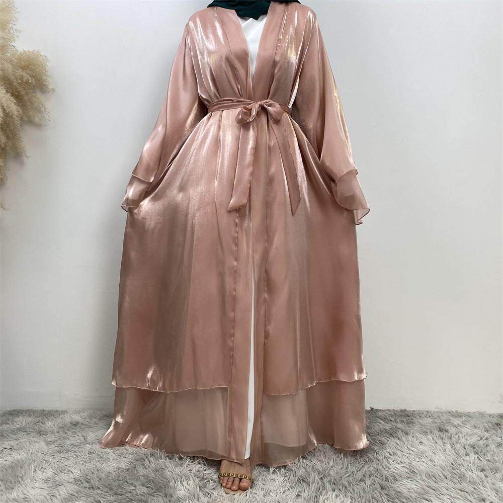 1432#Flowy Shiny Silk Material New Design Two Layers Loose Sleeves Classy Fashion Popular Ladies Islamic Open Abaya