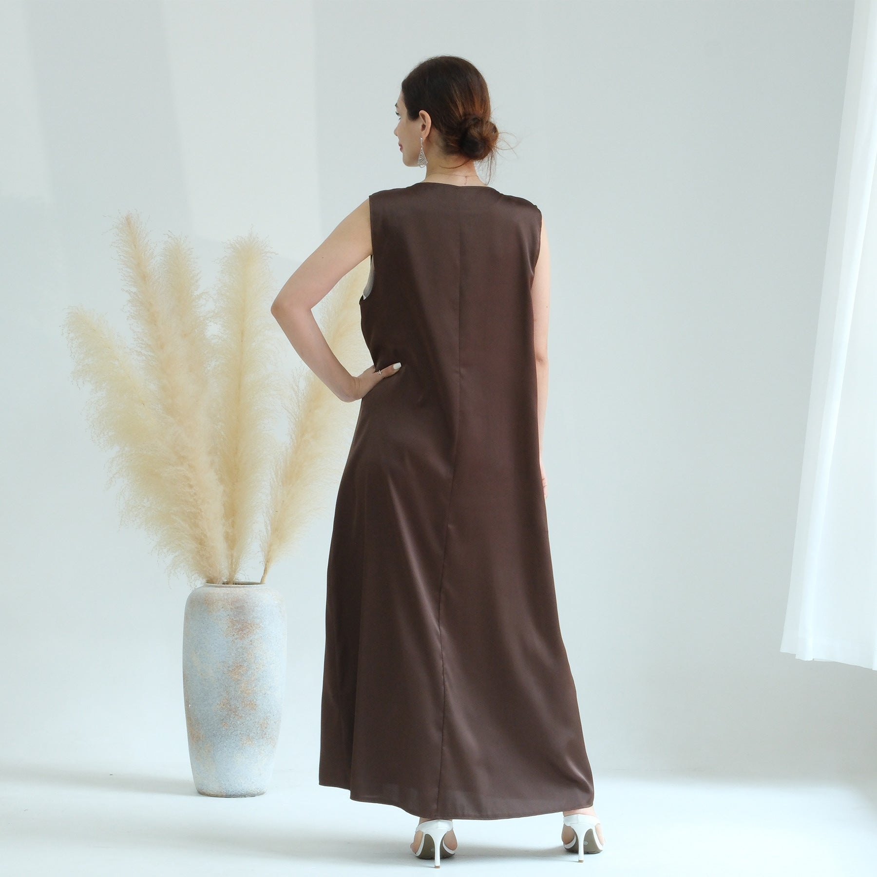 1635#Modest Sleeveless Inner Dress Satin Fabric Islamic Clothing Muslim Dress