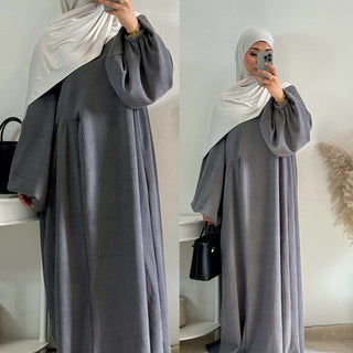 1919#New Winter Abaya Round Neck Balloon Sleeves Solid Color Cordury Closed Abaya Women Dresses