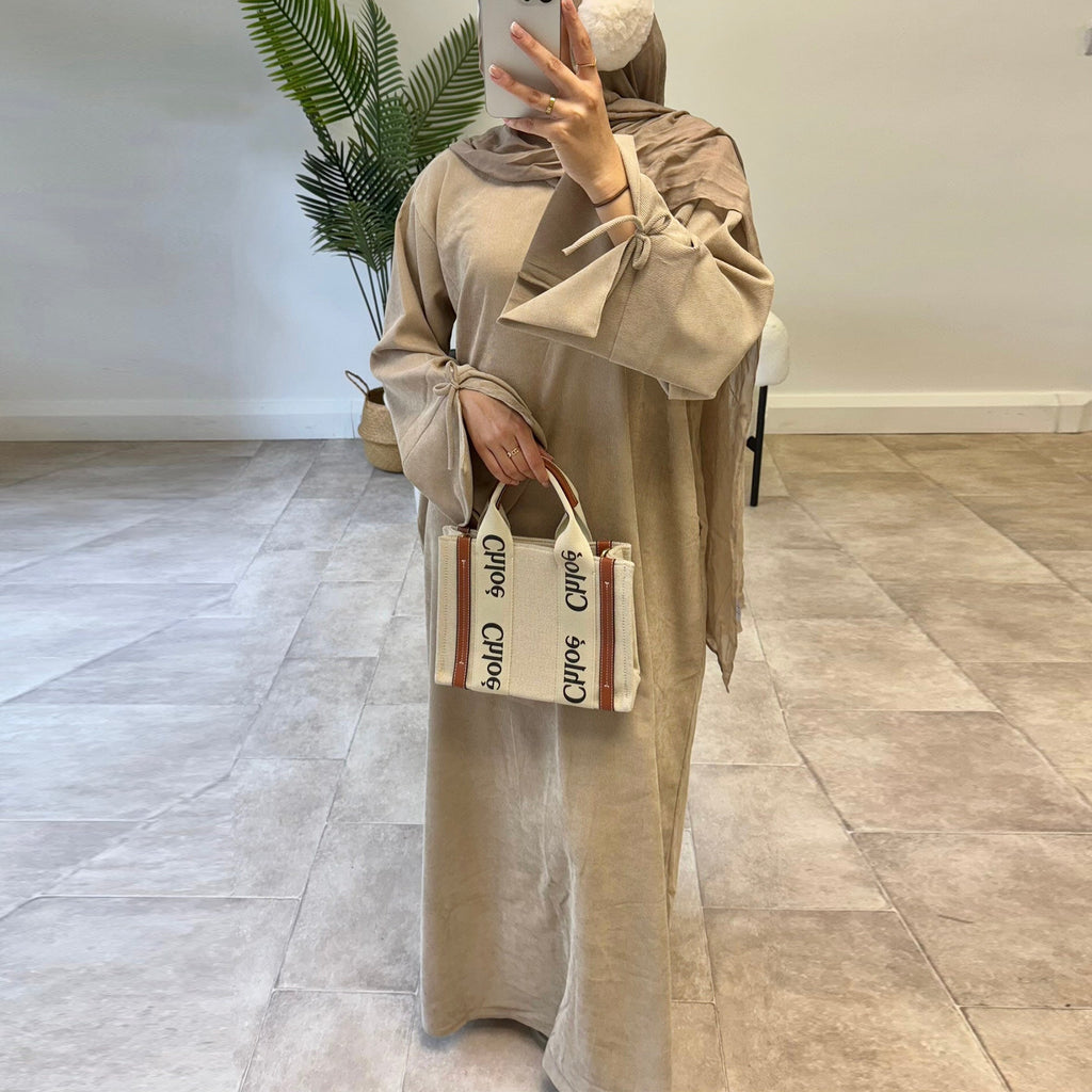 1925#Winter Thin Corduroy Bowknit Modest Abaya Robe Elegant Muslim Women  Closed Abaya with Pocket