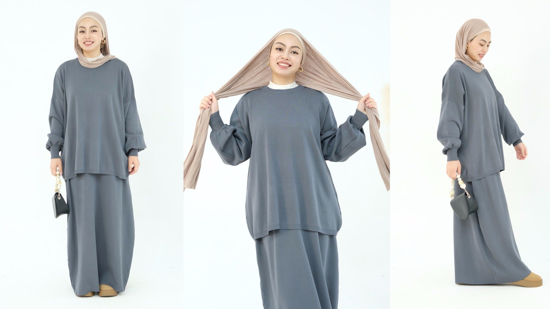 1928#Knit Fabric Solid Color Women's Dress Islamic Clothing Sweater Skirt Set 2pcs Winter Set Abaya
