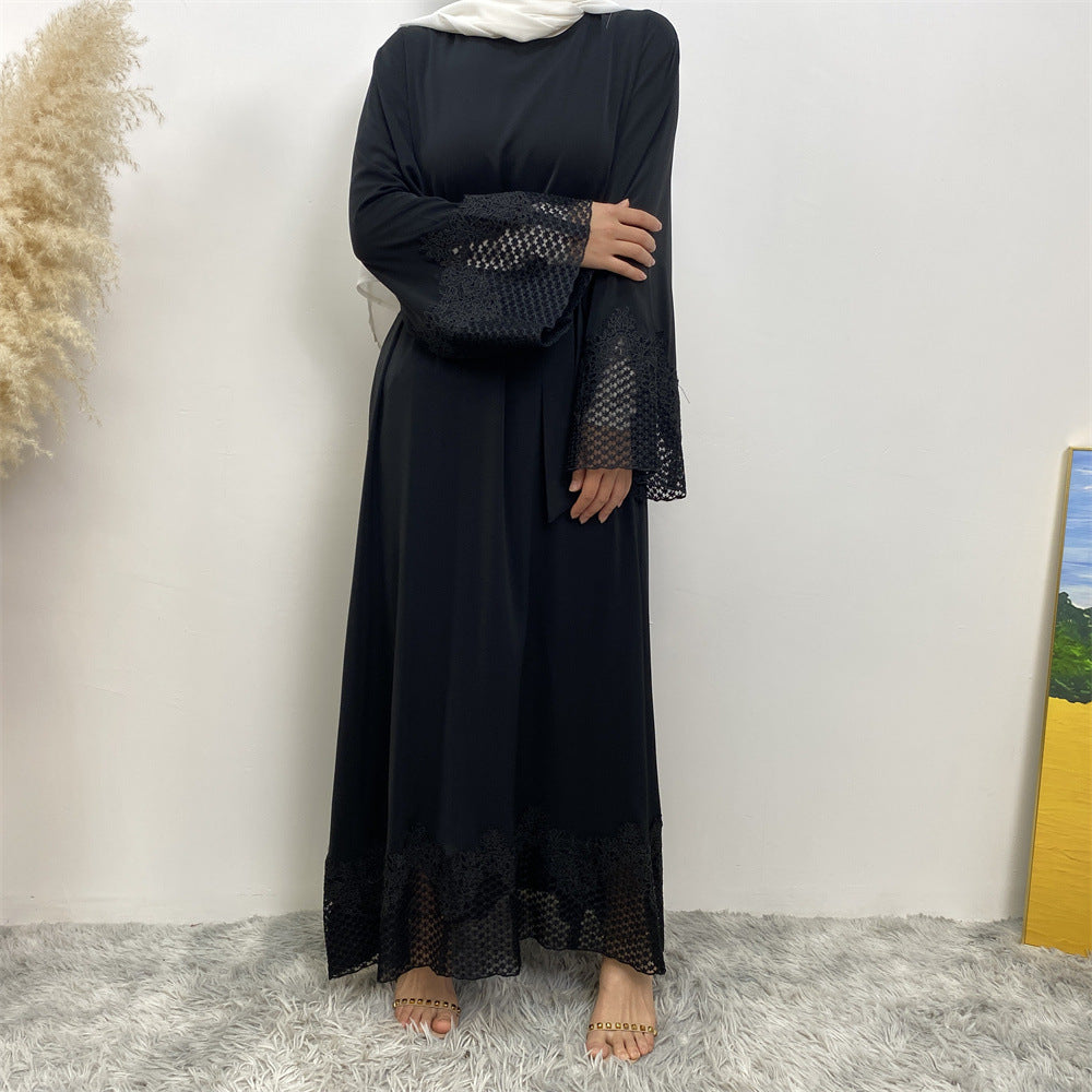 6708#New Nida Flower Applique With Mesh With Side Pockets Classy Women Dress Close Abaya