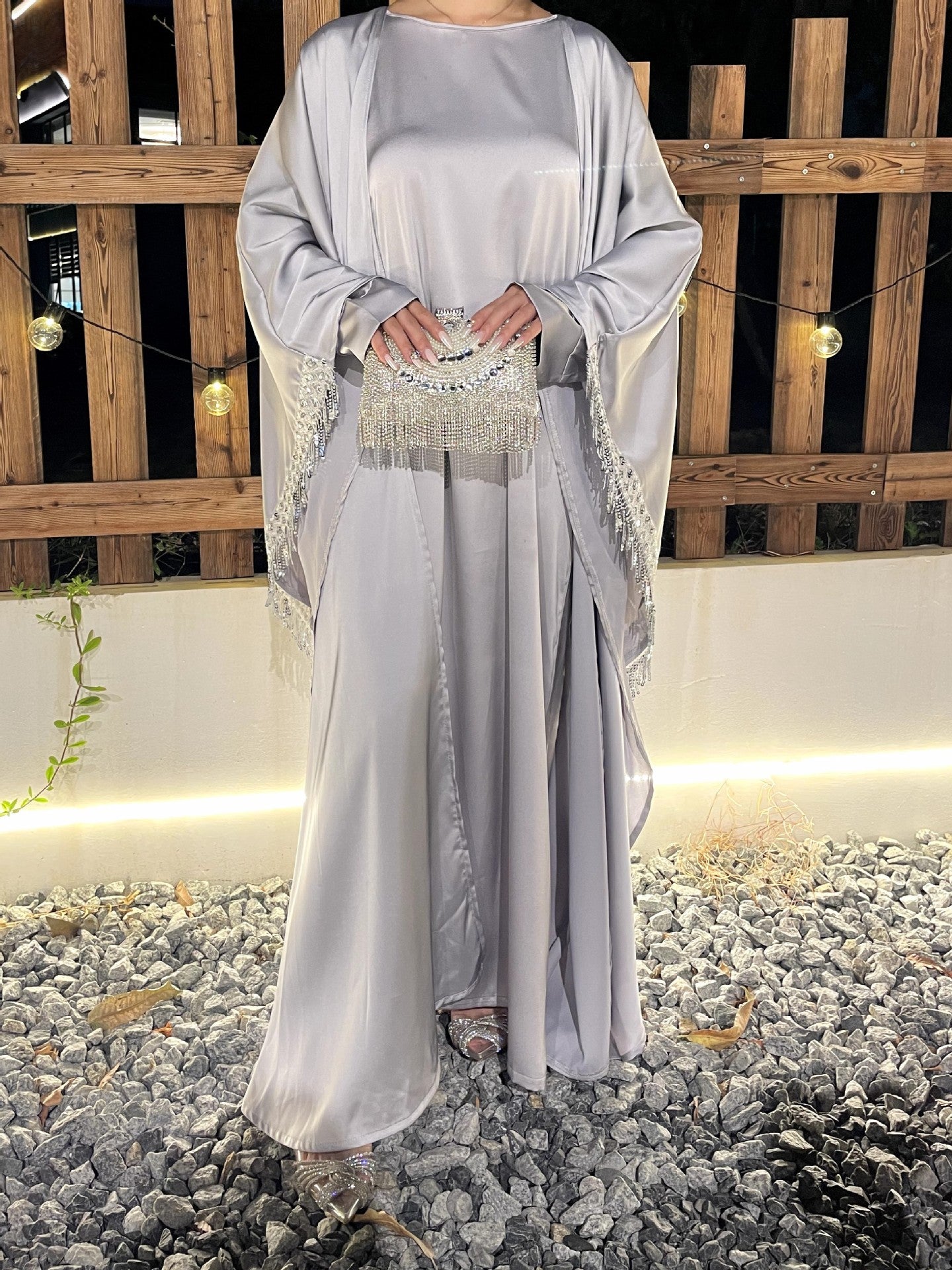 1037#Luxury Abaya Manufacturer Islamic Clothing Cardigan Abaya and Inner Dress Set With Diamond Chain