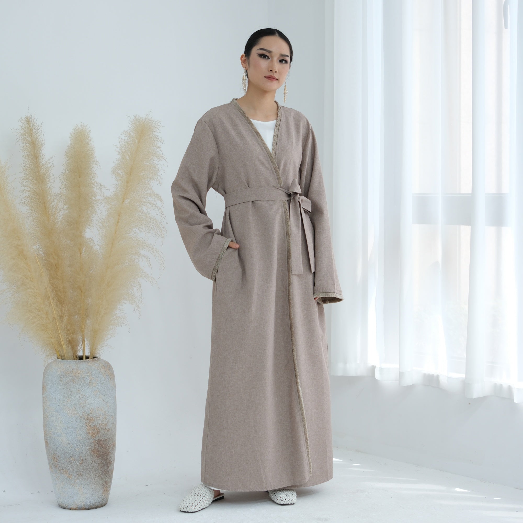 1865# Ethnic Clothing Polyester Linen Open Abaya with Tassel Modest Kimono Wholesale Abaya