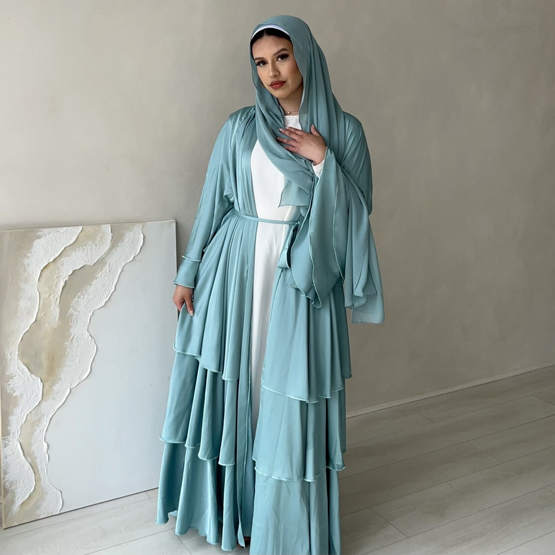 1706#2024 High Quality Satin Silk Open Abaya EID Dubai 3 Layers Abaya Islamic Clothing