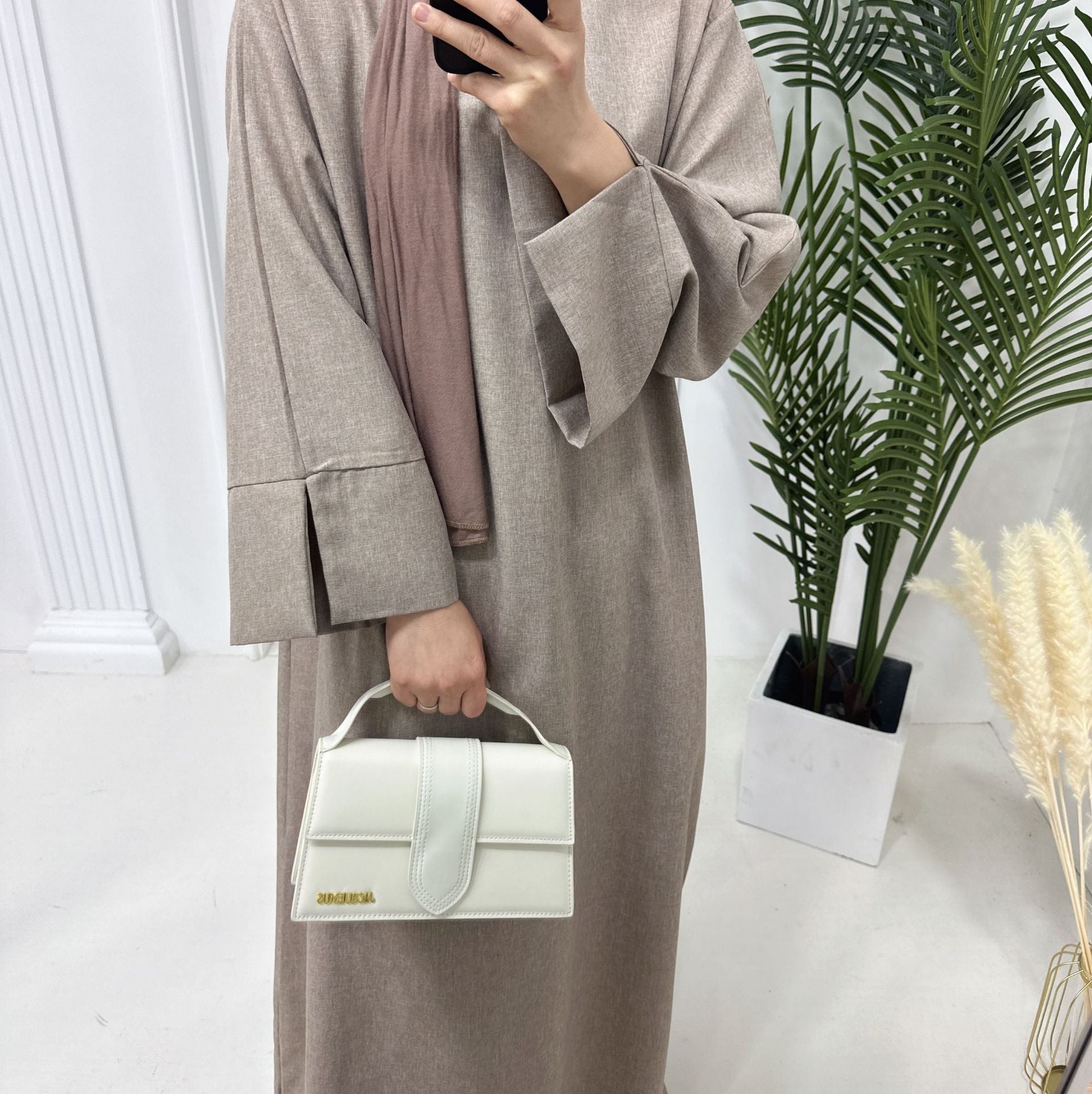 1715#Linen Abaya Slit Long Sleeves with Side Pockets and Back Zipper Women Casual Dress 的副本
