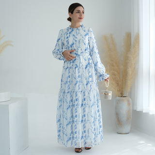 1751#High Quality Chiffon Printed Modest Casual Dresses With Belt Women Abaya Muslim Dress