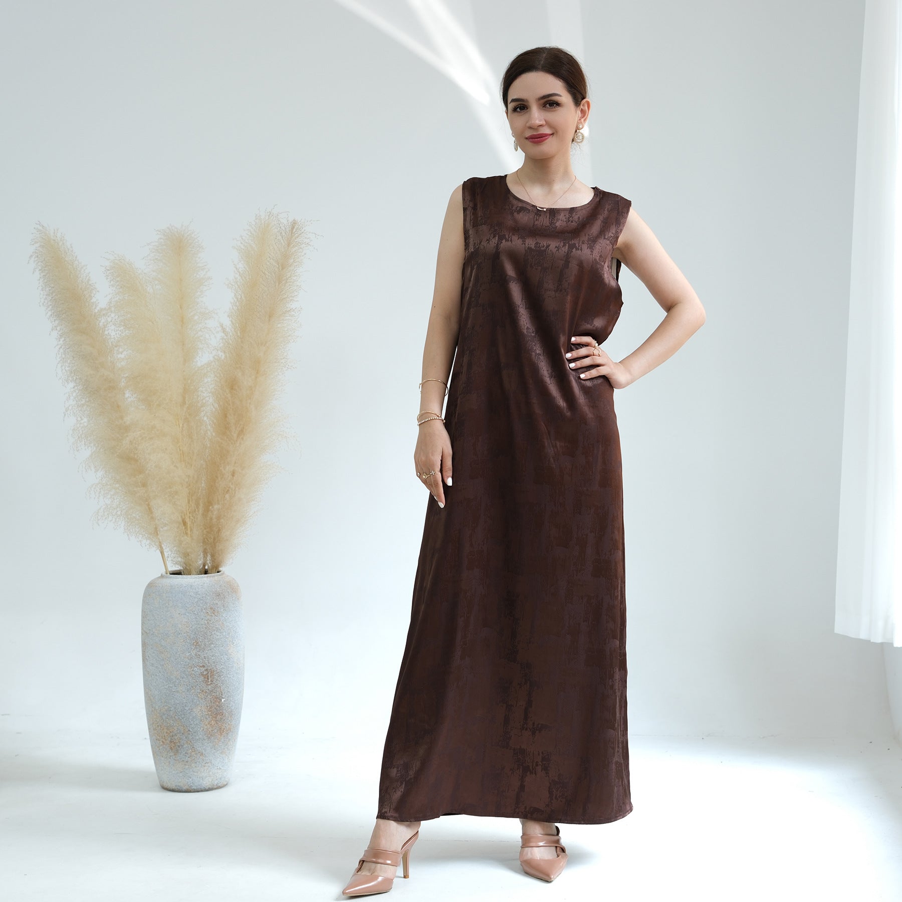 1655#Luxury Muslim Clothing Unique Satin Slip Dress and Open Abaya Set 2 Piece Modest Abaya