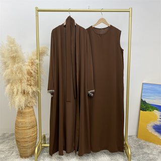 2006#Nida solid color two pieces set modest kaftan ramadan diamond dubai abayas