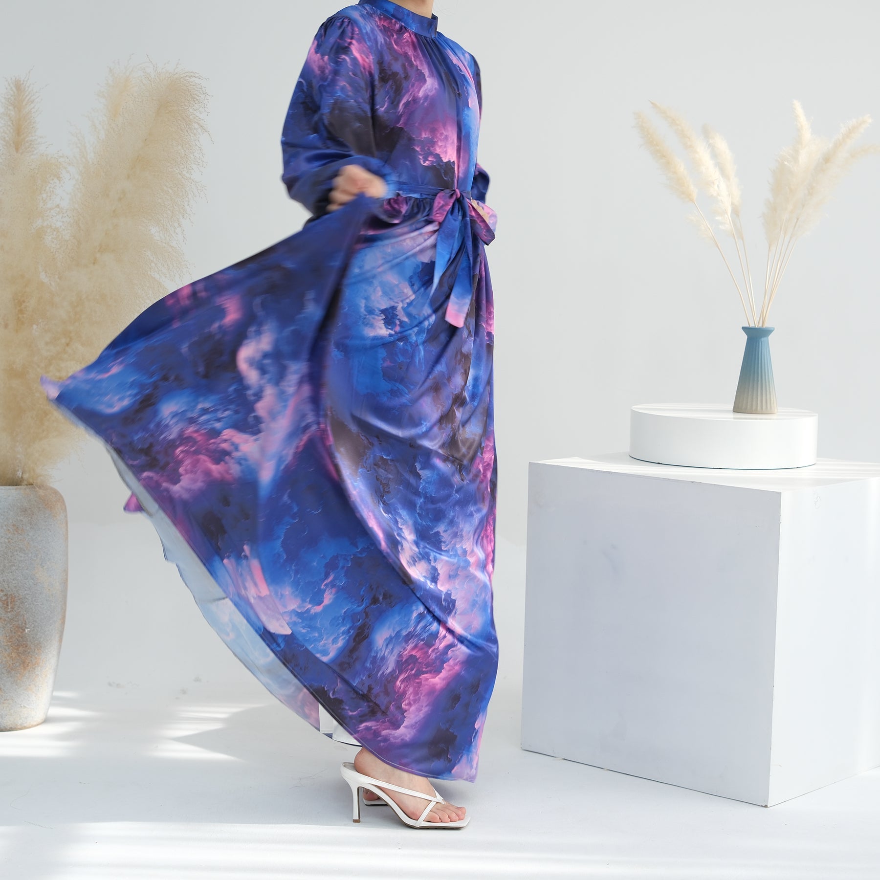 1723#New Style Printed Dress Muslim Ladies Abaya Summer Polyester Floral Dress