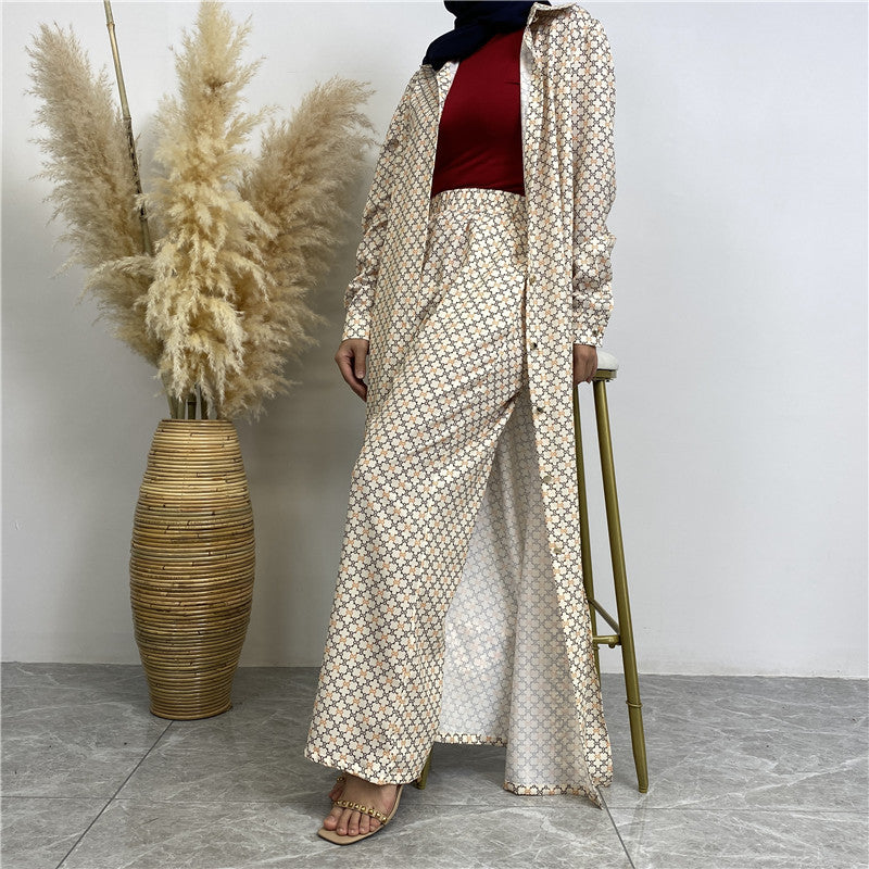 6674# New fashion set full button pocket pant muslim women 2pcs abaya sets