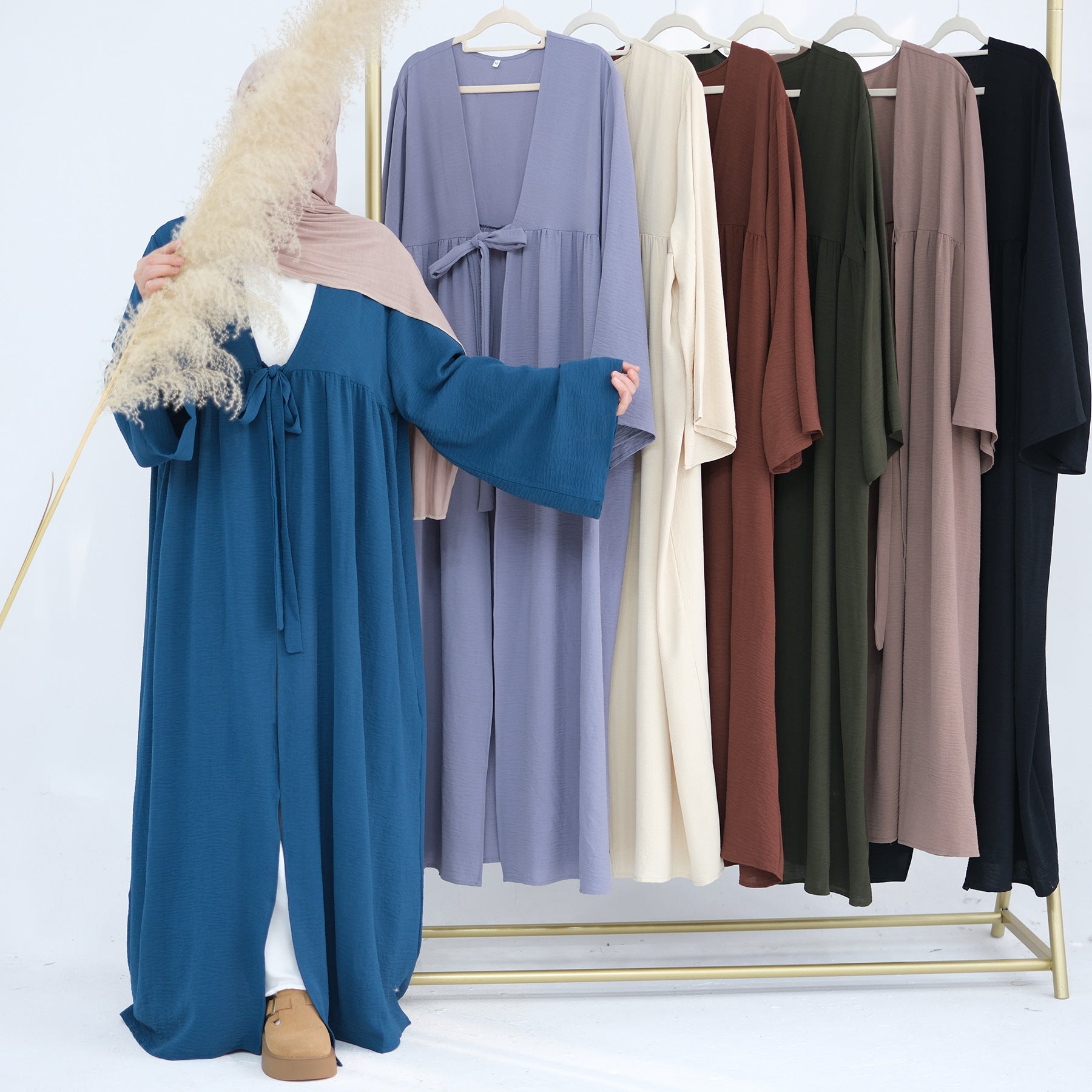 1896# Tie Strings Abaya Dress for Women Long Crepe Cardigan Modest Islamic Clothing Wholesale Kimono for Ladies