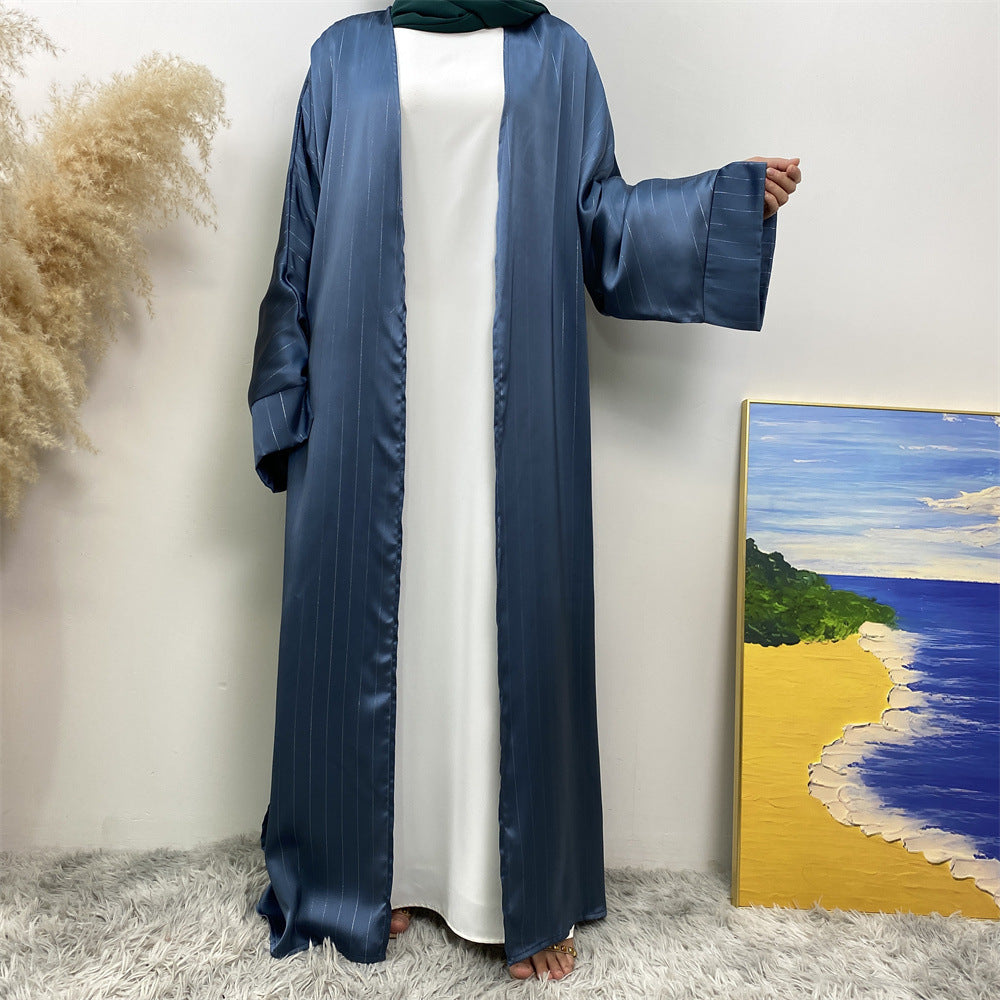 1439#Women Abaya Smooth Satin Kimono Slit Sleeve Popular Islamic Clothing Modest Silver Line Printed Abayas