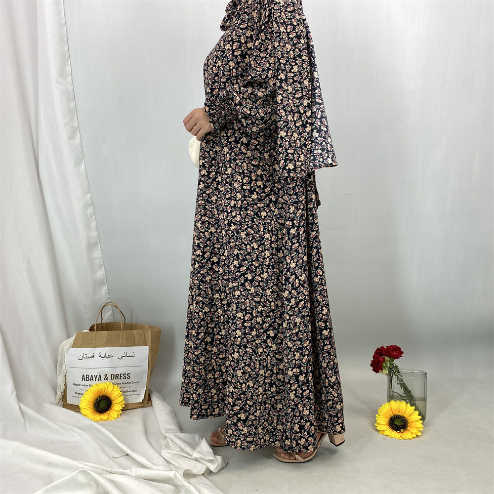 6847#Floral Printed One Piece Tradition Prayer Abaya Robe with Attached Hijab