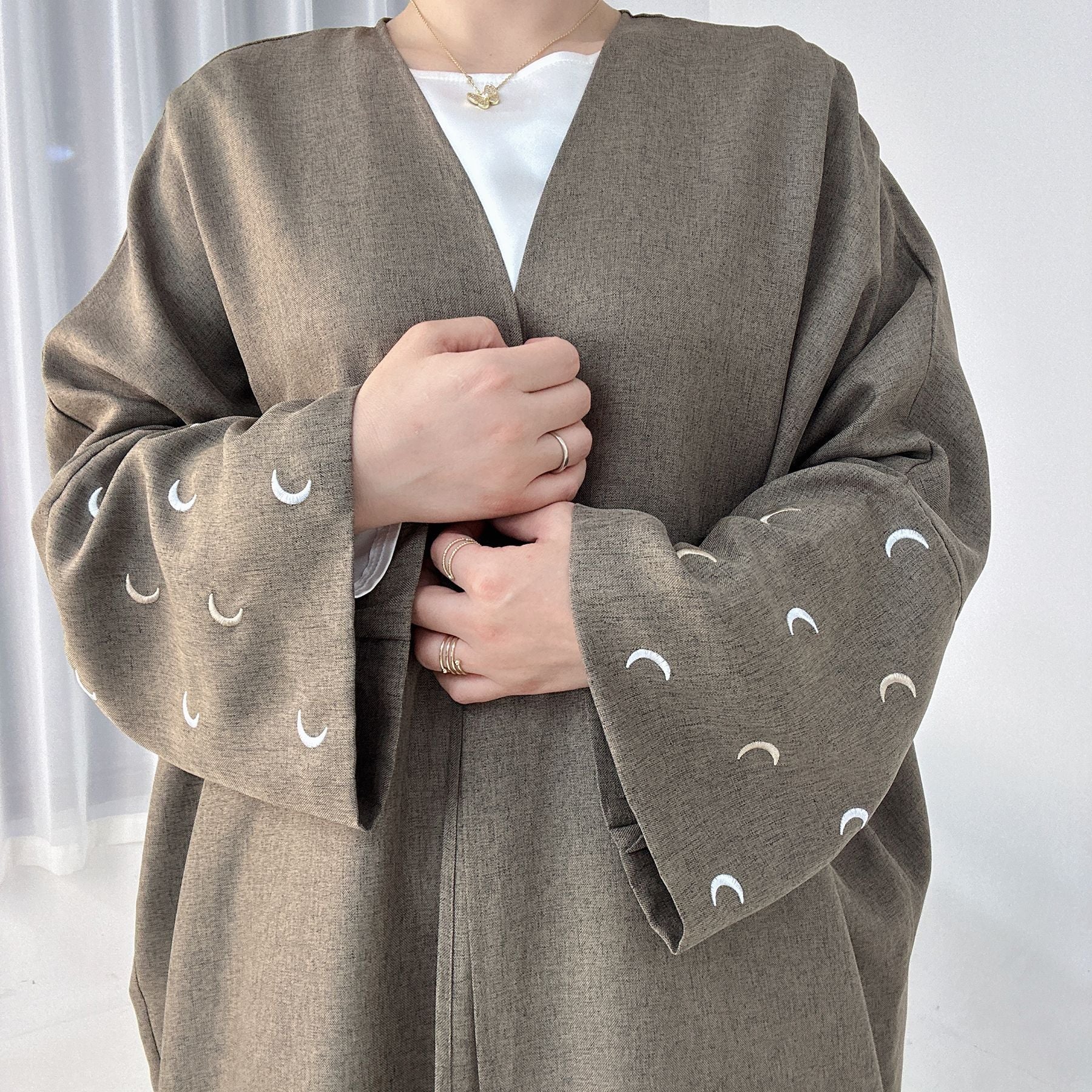 1664#New Arrival EID Linen Islamic Clothing Musulmane Moon Embroidery Women Kimono Cardigan Abaya