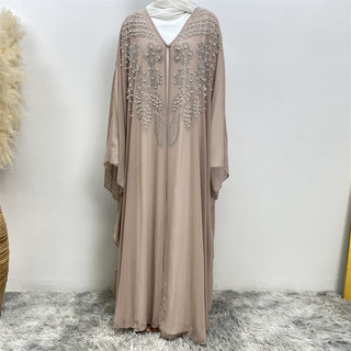 6742# Luxury Rhinestone Chiffon Abaya Hot Drilling Bead With Pearls Classy Cardigan