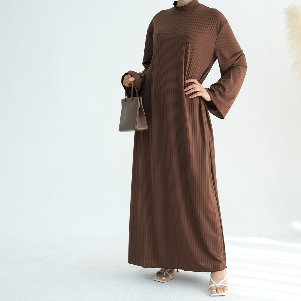 1905#High Neck Simple Daily Wear Plain Modest Abaya Women Muslim Dress Long Sleeve Slip Dress