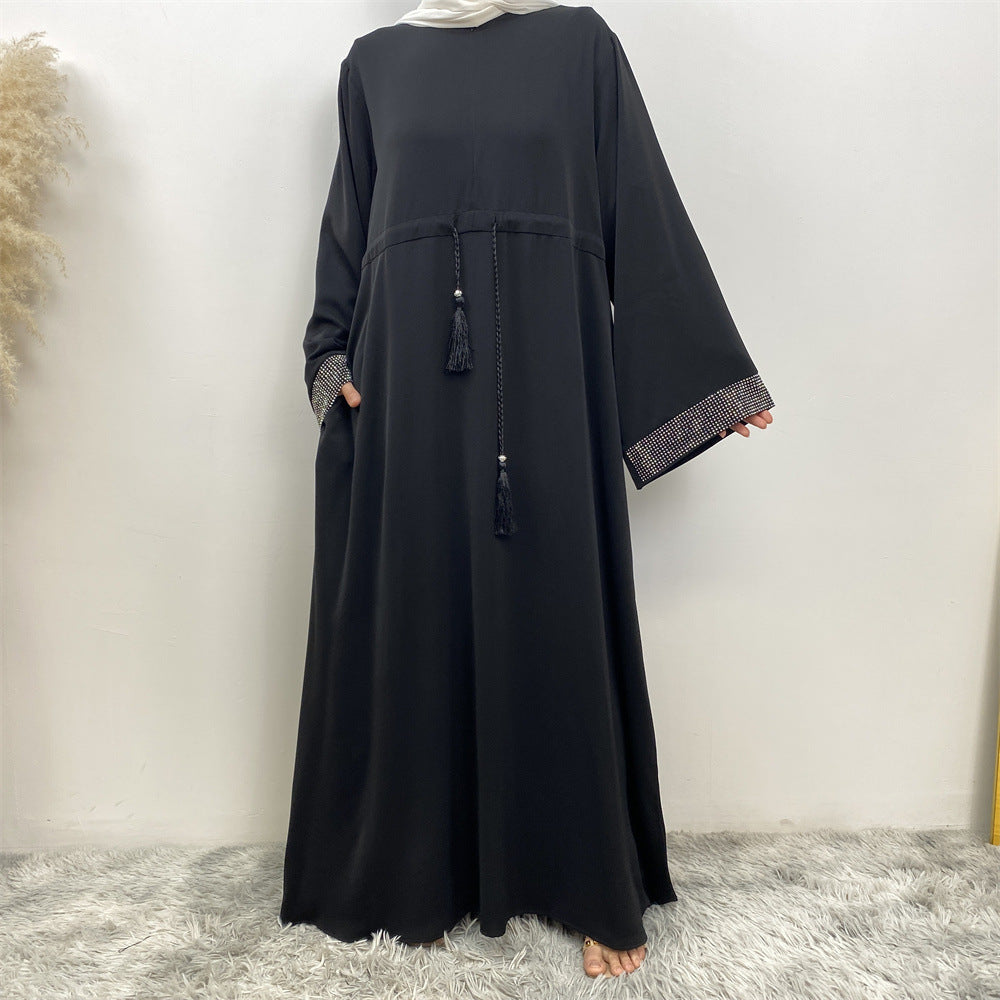 6758# Front zipper closed abaya dress loose cuff with rhinestone maxi dresses