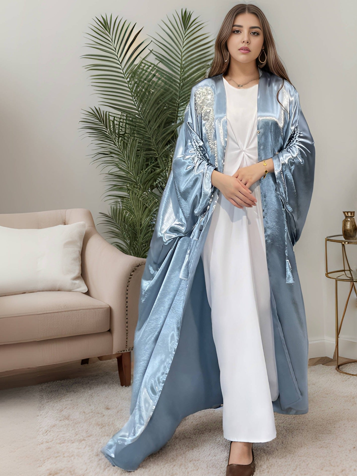 1009#  New Arrival Stylish Islamic Clothing Dubai Abaya Fashion Cardigan Women Abaya Satin