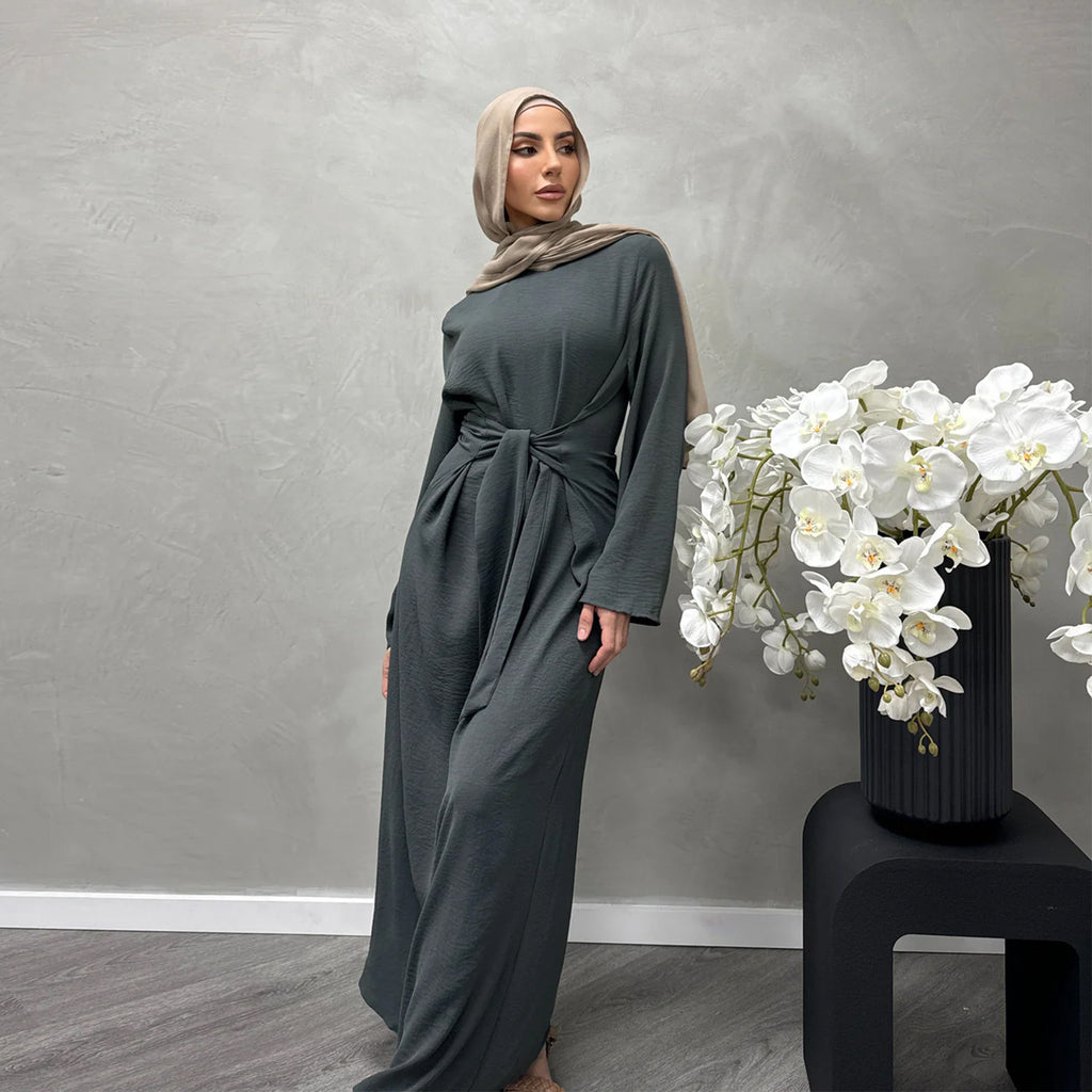 1822#New Arrival Modest Apparel Tie Front Waist Dresses Jazz Maxi Dress Fashion Abaya Women Muslim Dress