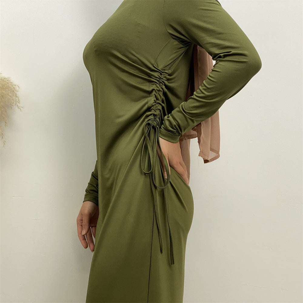 8521#Latest Dress Solid Color Little Bouncy Jersey Women Long Slim Sleeves Dress