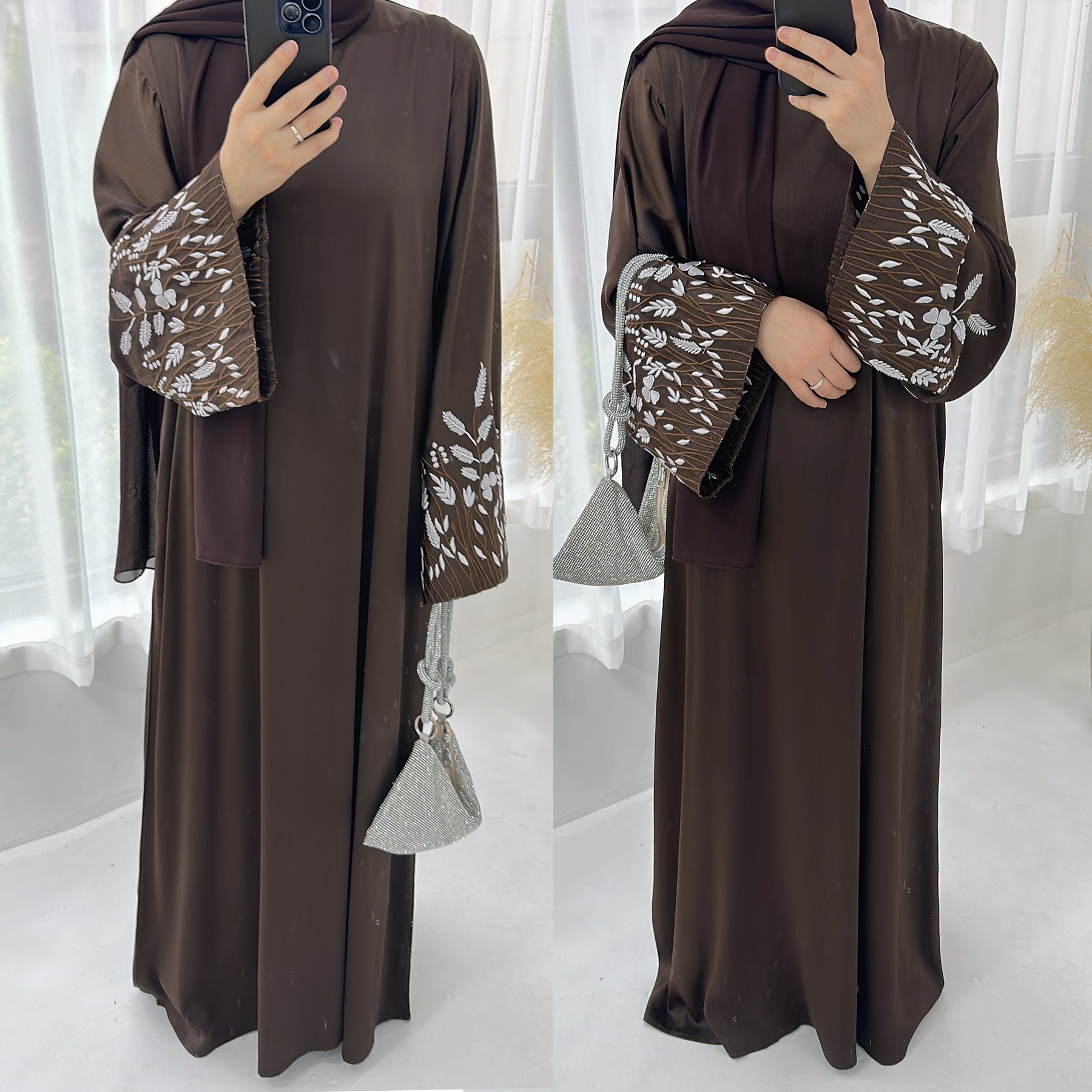 1769# Satin Embroidery Luxury Muslim Women Abaya Dress Islamic Clothing Women