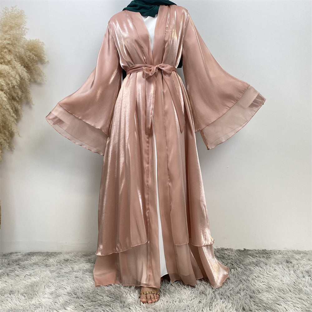 1432#Flowy Shiny Silk Material New Design Two Layers Loose Sleeves Classy Fashion Popular Ladies Islamic Open Abaya
