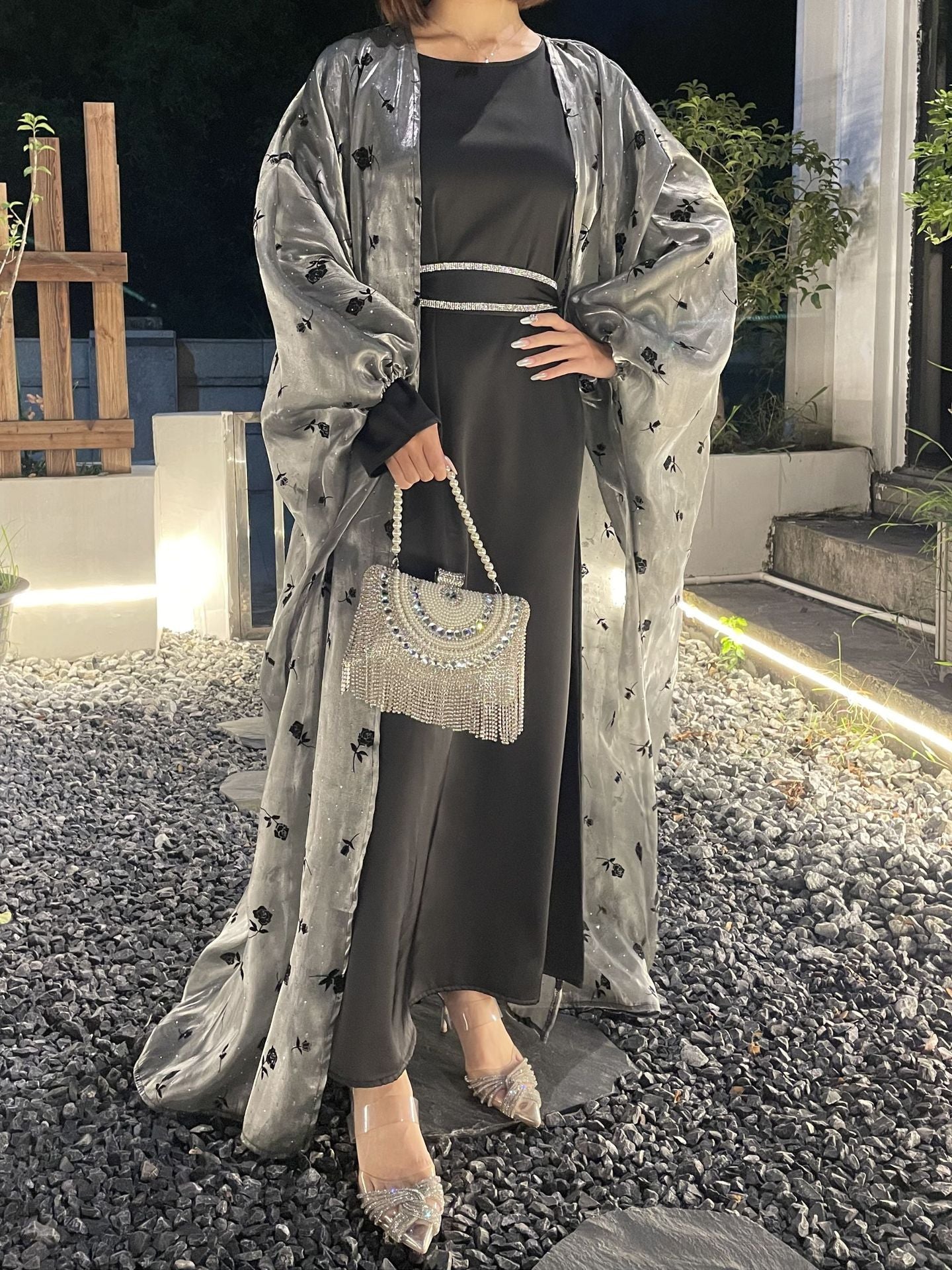 1038# High Quality Luxury Abaya Dubai Premium Satin Kimono 2 Piece Abaya Set