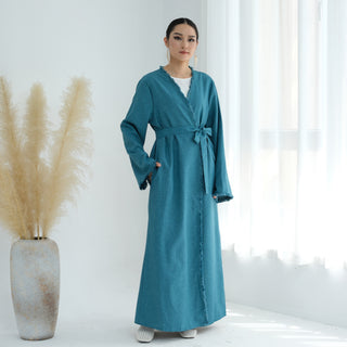 1865# Ethnic Clothing Polyester Linen Open Abaya with Tassel Modest Kimono Wholesale Abaya