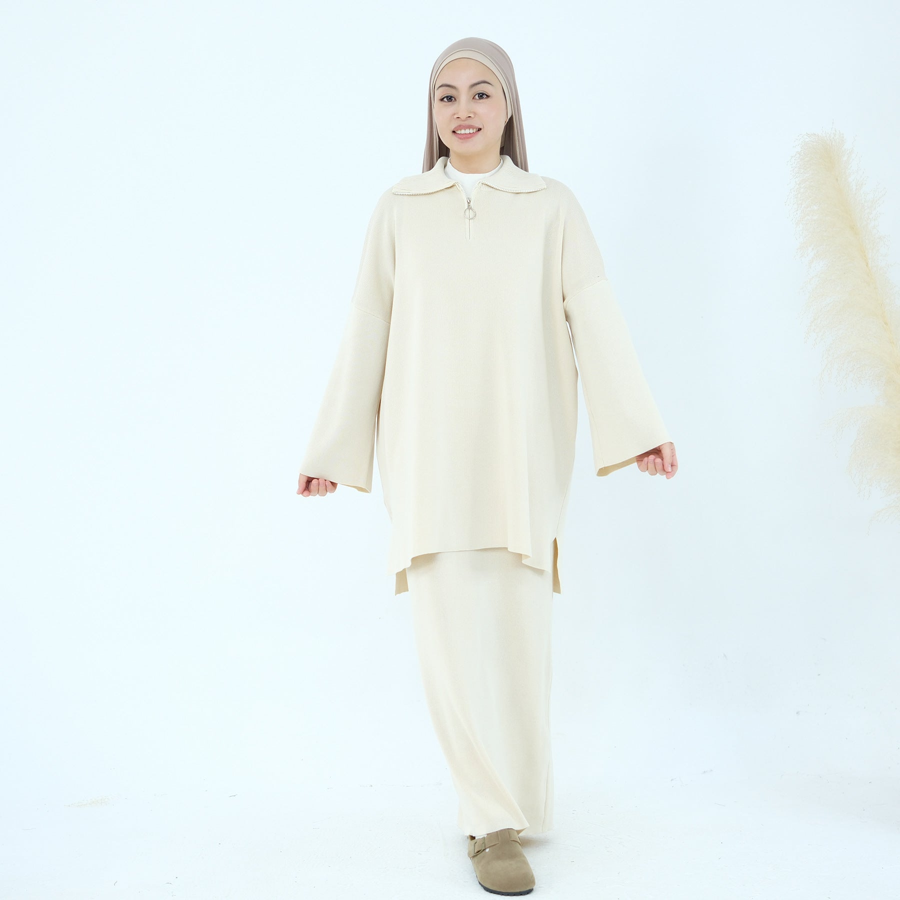 1929#Half Zipper Drop Shoulder Sweater Knit Muslim Women Two Pieces Set Oversized Tops Casual Fall Skirt Abaya Set