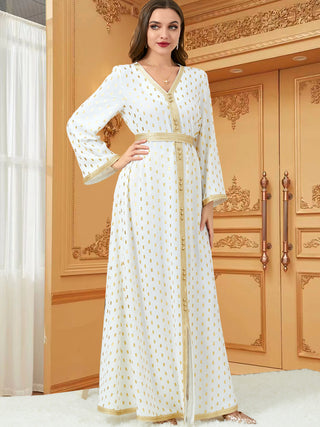 3194#White Dot Gold Stamp Dubai Arabic Moroccan Kaftan Maxi Muslim Dress