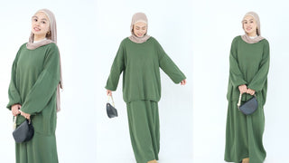 1928#Knit Fabric Solid Color Women's Dress Islamic Clothing Sweater Skirt Set 2pcs Winter Set Abaya