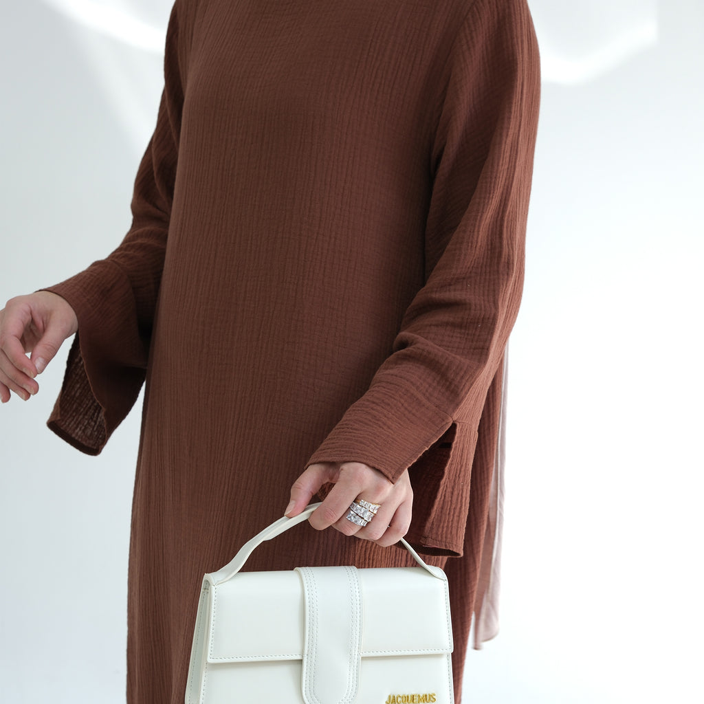 1656#Plain Dress Long Sleeves Women's Cotton Dress with Pockets New Design Abaya