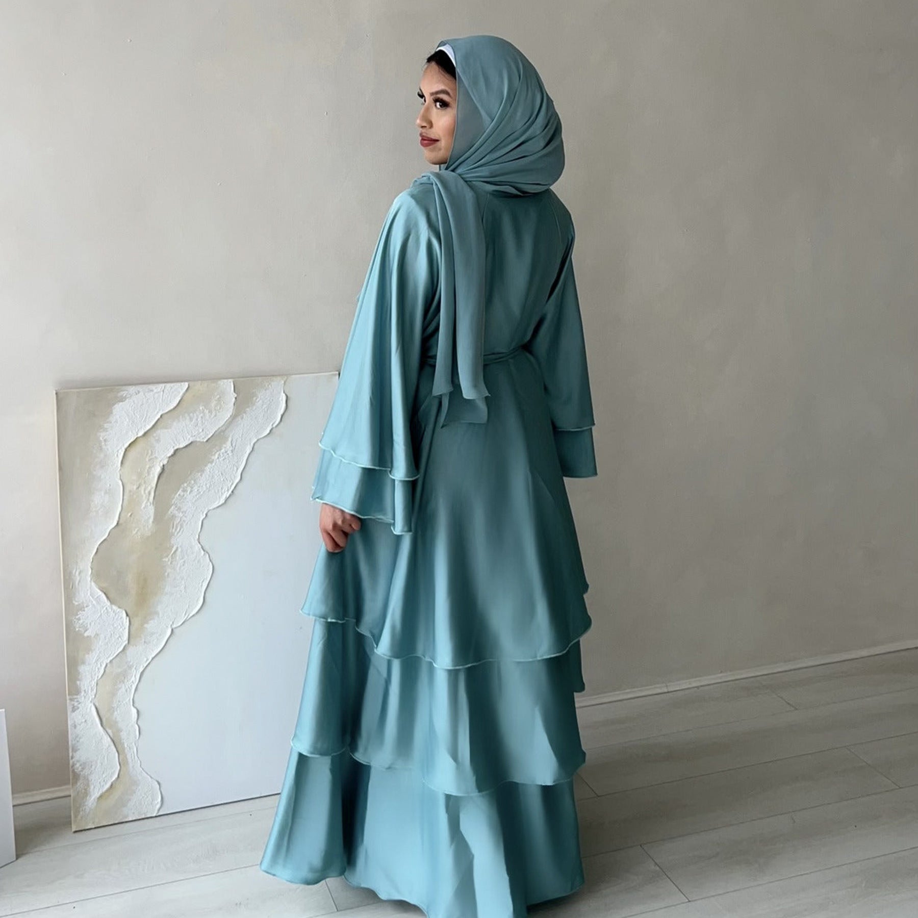 1706#2024 High Quality Satin Silk Open Abaya EID Dubai 3 Layers Abaya Islamic Clothing
