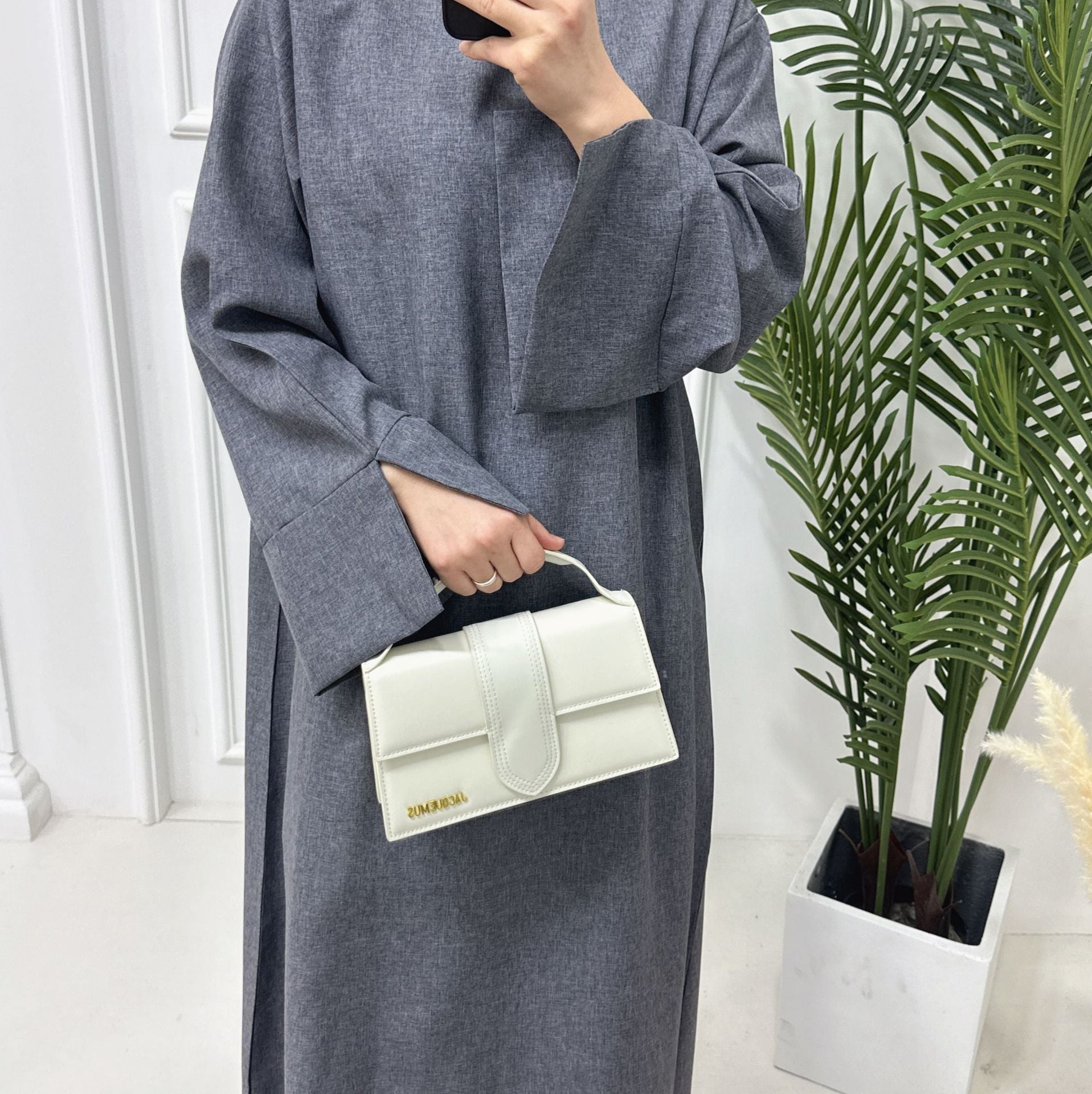 1715#Linen Abaya Slit Long Sleeves with Side Pockets and Back Zipper Women Casual Dress 的副本