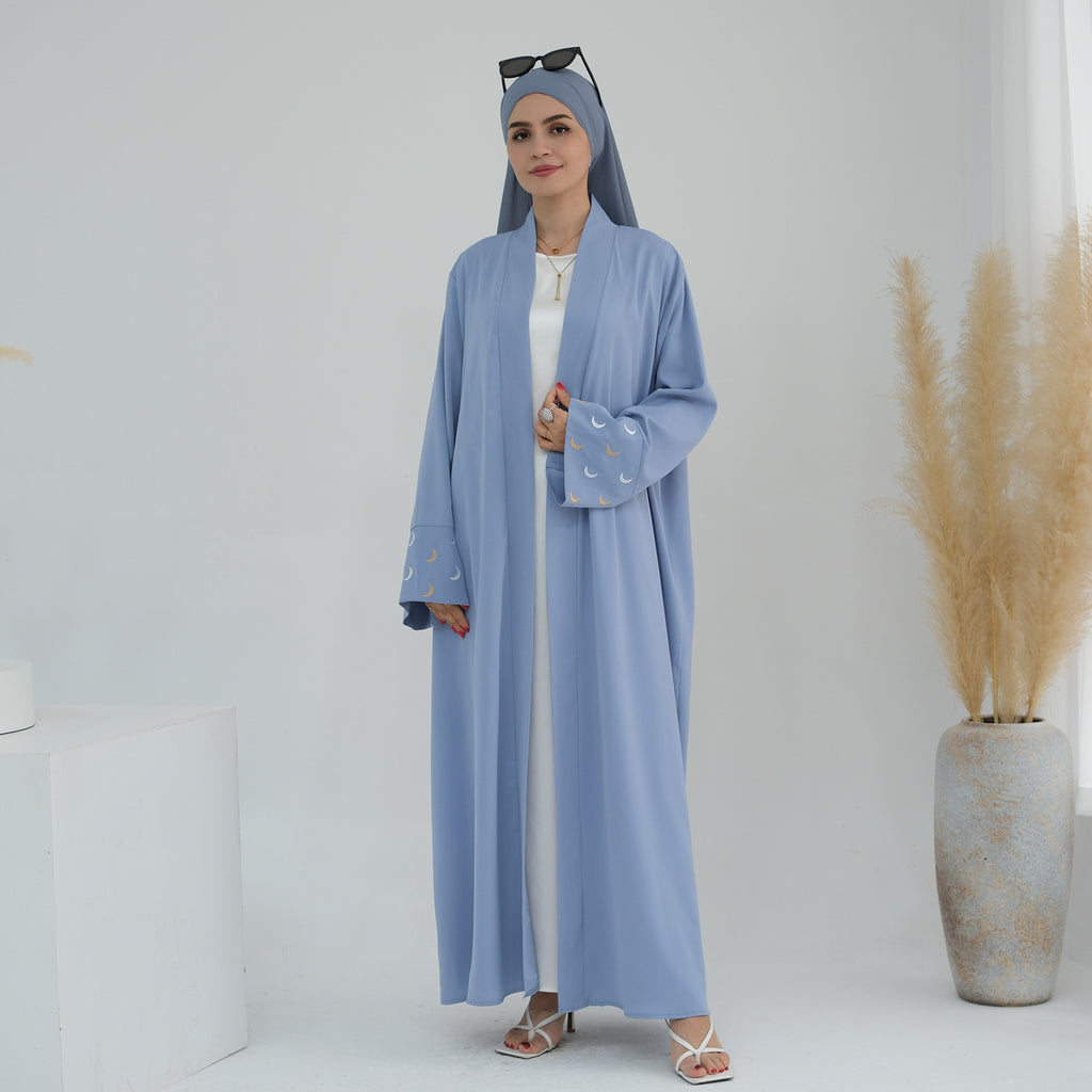 1785#New Arrival Cardigan Muslim Women's Dresses Moon Embroidery EID Linen Abaya