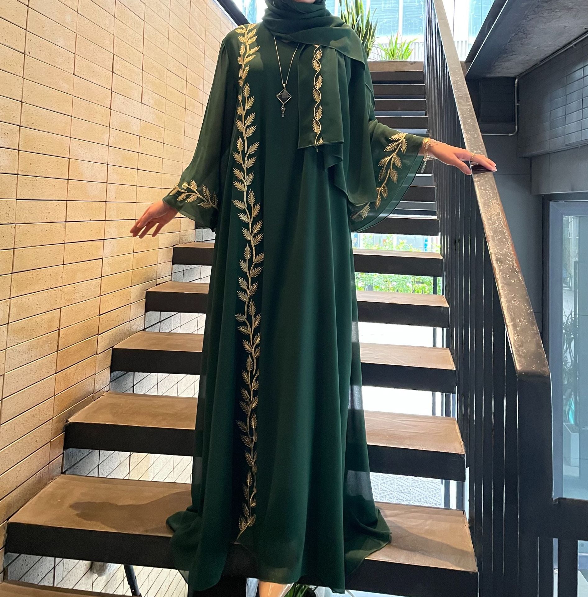 1007#2024 New Fashion Embrodery Chiffon Long Maxi Dress Abaya with Scarf